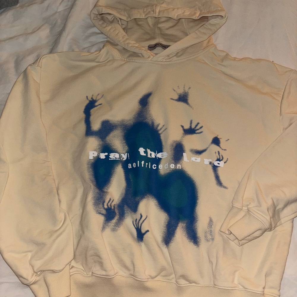 Aelfric Eden Cream Hoodie with Blue Handprint Art